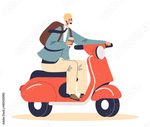 Man riding motorcycle. Male motorcyclist on electric scooter bike wearing protective helmet