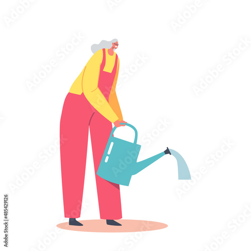 Old Lady Growing Plants or Flowers. Senior Female Character Holding Watering Can Isolated on White Background