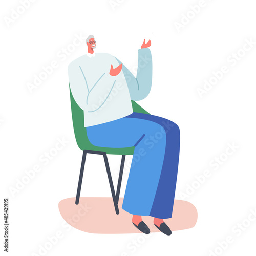 Senior Smiling Pensioner Sitting on Chair at Home Communicate. Old Male Character Leisure, Sparetime, Relaxing, Chatting