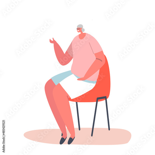 Senior Smiling Lady Sitting on Chair at Home, Old Female Character Having Leisure, Sparetime, Relaxing or Chatting