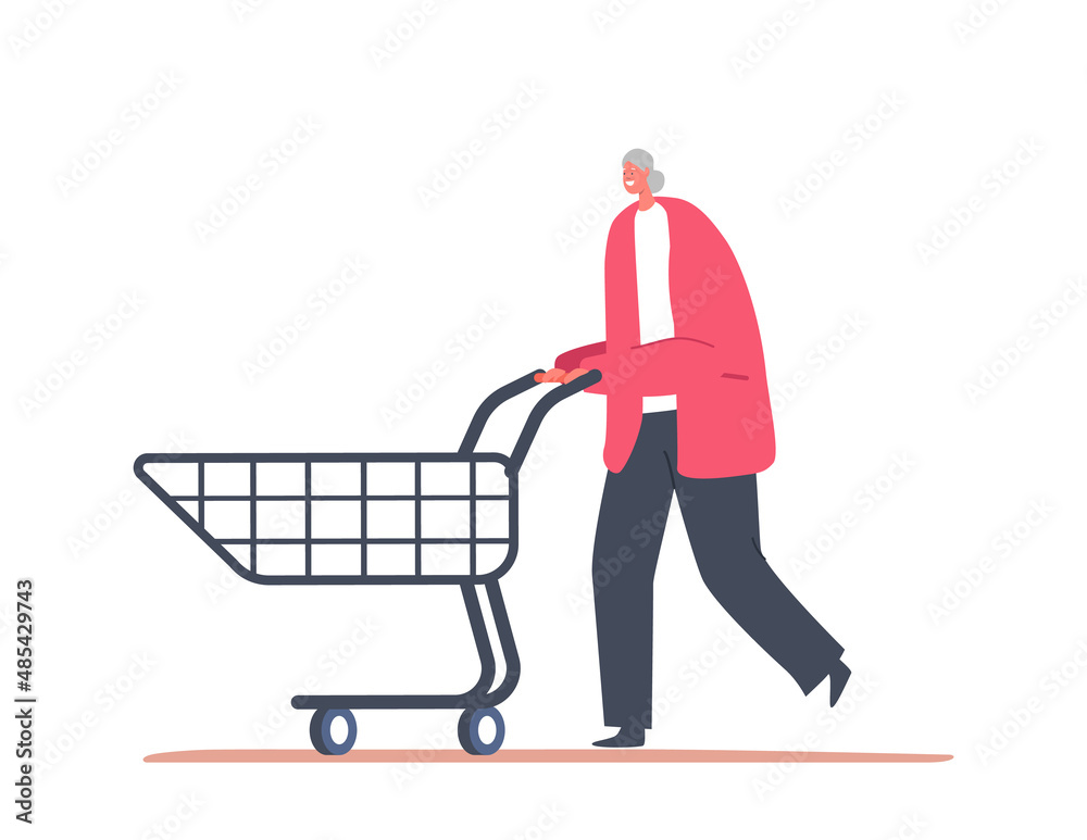 Happy Senior Woman Walk with Shopping Cart, Cheerful Female Character Purchase in Supermarket or Grocery, Elderly Buyer Happy Senior Woman Walk with Shopping Cart, Cheerful Female Character Purchase in Supermarket or Grocery, Elderly Buyer