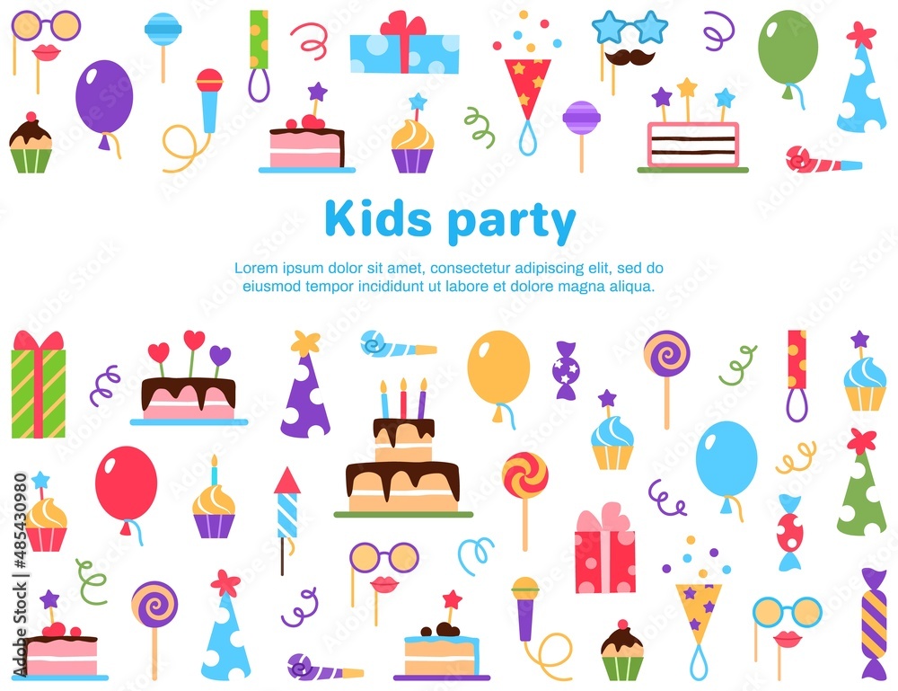 Colorful kids party background with text space. Birthday festival anniversary banner invitation design. Beautiful card with cake balloon cupcake present mask hat candy. Horizontal vector illustration. Colorful kids party background with text space. Birthday festival anniversary banner invitation design. Beautiful card with cake balloon cupcake present mask hat candy. Horizontal vector illustration.
