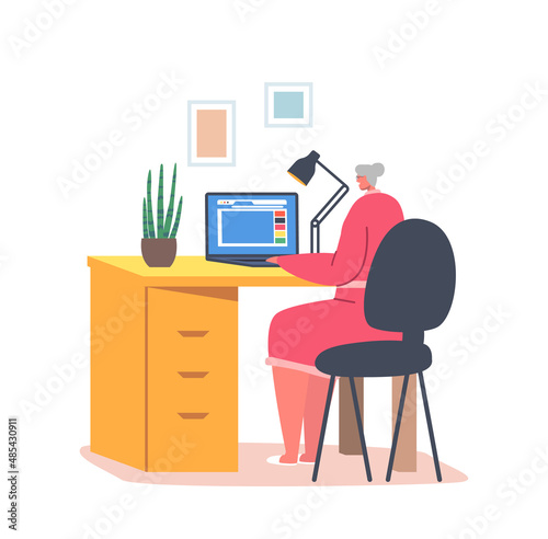 Elderly Woman Use Computer. Happy Senior Lady Character with Grey Hair Sitting on Chair at Desk Working on Laptop