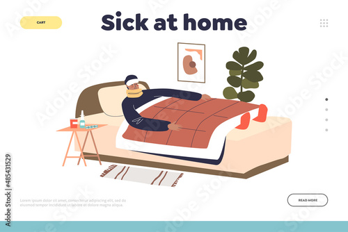 Sick at home concept of landing page with man lying in bed suffer from fever, flu or cold