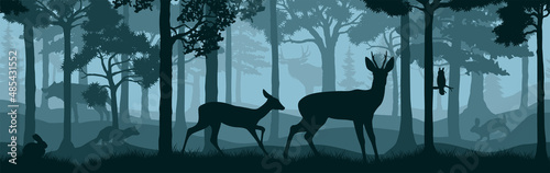 vector forest woodland background texture seamless pattern with deers, moose, owl, wolf, rabbit and marten