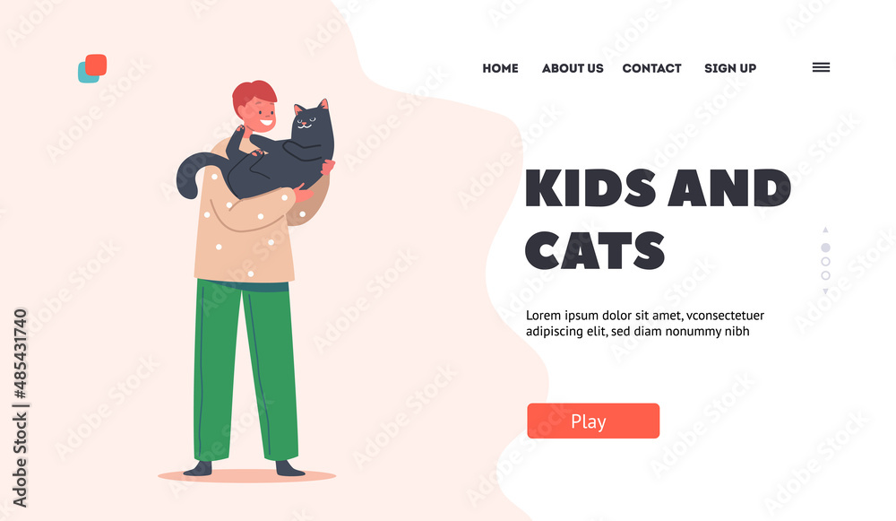 Kids and Cats Landing Page Template. Childhood, Love and Tenderness to Animals. Happy Kid Hug Cat, Child Cuddle with Pet