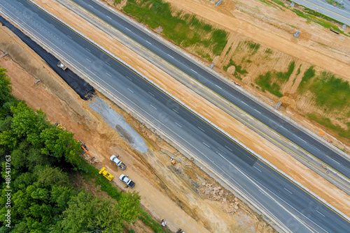 Aerial view under renovation road repair highway reconstruction