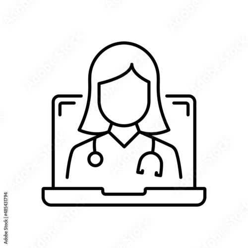 Online Digital Medicine Line Icon. Doctor in Computer Medical Health Care Online Linear Pictogram. Virtual Medicine Service Outline Icon. Telemedicine. Editable Stroke. Isolated Vector Illustration