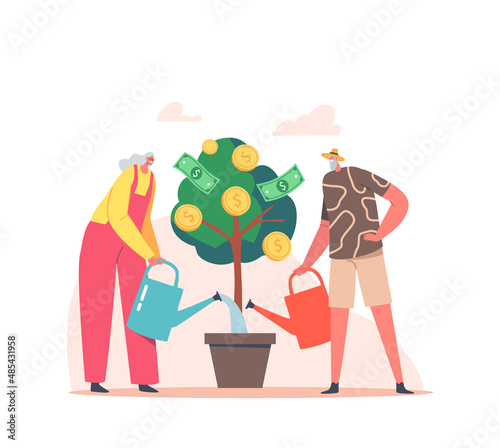 Senior Man and Woman Watering Potted Money Tree with Golden Coins and Banknotes. Pensioner Characters Grow Capital