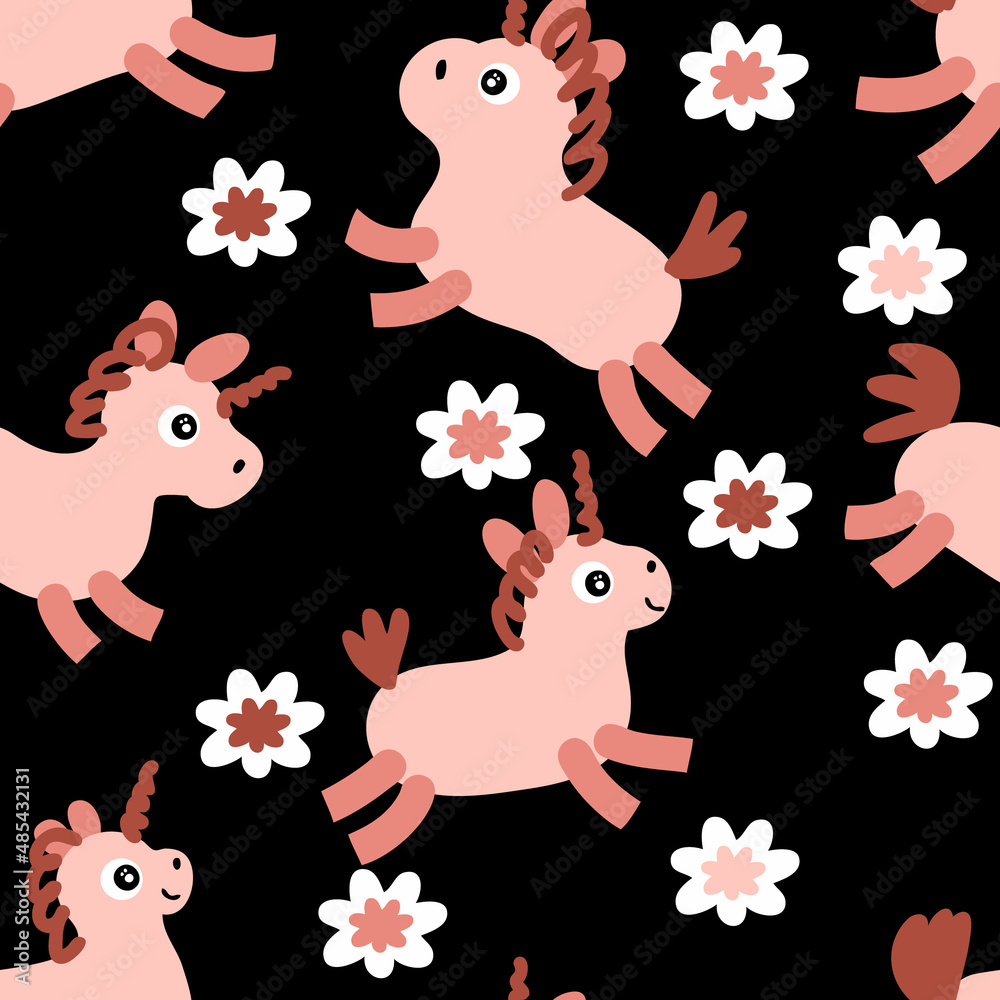Doodle seamless pattern with unicorns and flowers. Perfect for T-shirt, textile and print. Hand drawn vector illustration for decor and design. Doodle seamless pattern with unicorns and flowers. Perfect for T-shirt, textile and print. Hand drawn vector illustration for decor and design.
