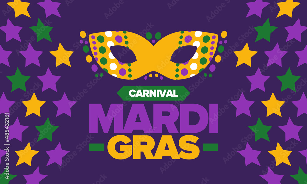 Mardi Gras Carnival in New Orleans. Fat Tuesday. Traditional folk festival with parade and celebration. Annual holiday. Costume masquerade, fun party. Carnival mask. Poster, card, banner. Vector Mardi Gras Carnival in New Orleans. Fat Tuesday. Traditional folk festival with parade and celebration. Annual holiday. Costume masquerade, fun party. Carnival mask. Poster, card, banner. Vector