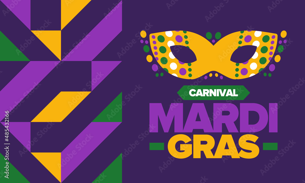 Mardi Gras Carnival in New Orleans. Fat Tuesday. Traditional folk festival with parade and celebration. Annual holiday. Costume masquerade, fun party. Carnival mask. Poster, card, banner. Vector