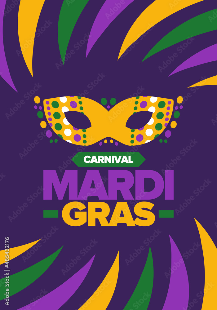 Mardi Gras Carnival in New Orleans. Fat Tuesday. Traditional folk festival with parade and celebration. Annual holiday. Costume masquerade, fun party. Carnival mask. Poster, card, banner. Vector Mardi Gras Carnival in New Orleans. Fat Tuesday. Traditional folk festival with parade and celebration. Annual holiday. Costume masquerade, fun party. Carnival mask. Poster, card, banner. Vector