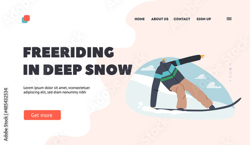 Freeriding in Deep Snow Landing Page Template. Winter Sport  Snowboarding Activity on Mountain Ski Resort  Extreme Sport