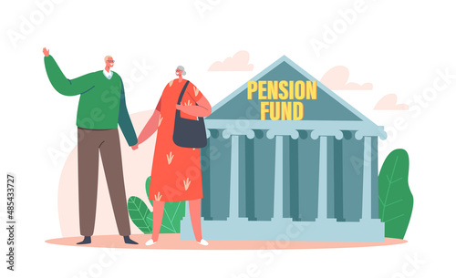 Happy Senior Couple Stand at Pension Fund Building. Old People Saving Money, Characters Retirement Plan, Finance Program