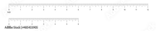 6 and 12 inch or 1 foot ruler scale with numbers. Horizontal measuring chart with markup. Distance, height or length measurement math or sewing tool. Vector graphic illustration
