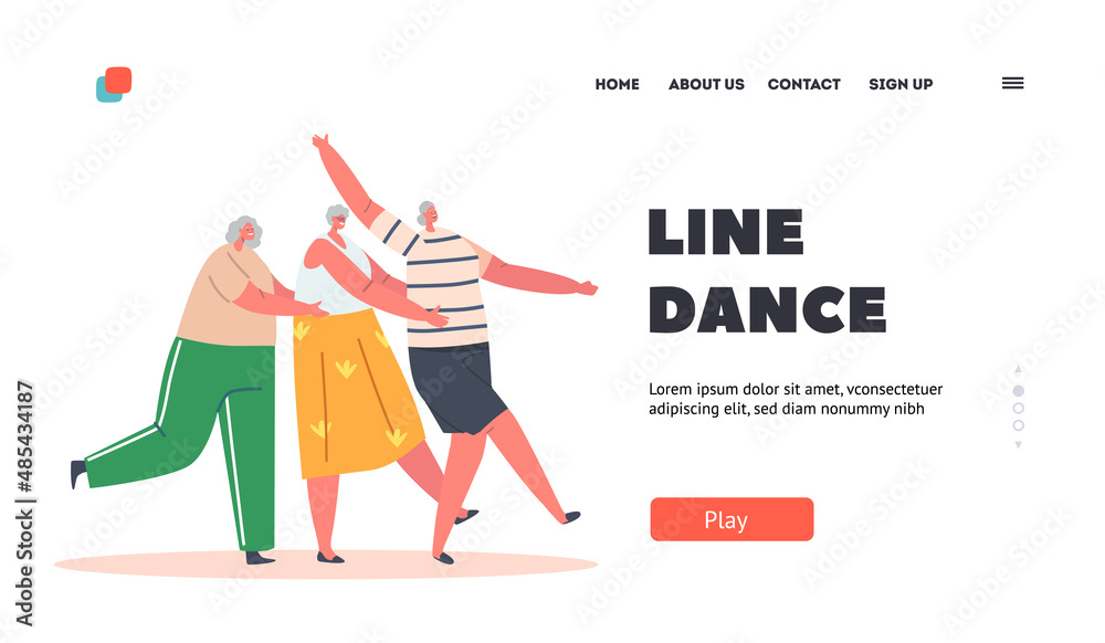 Line Dance Landing Page Template. Old Girlfriends Dance Conga, Senior Women Stand in Row Hold Each Other, Sparetime