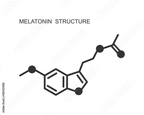 Melatonin icon. Somnolence hormone used for jet lag, insomnia, circadian rhythm disorder therapy. Chemical molecular structure. Sleep-wake cycle regulation sign. Vector outline illustration