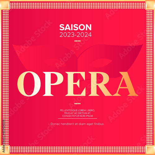 Square opera poster template with red background, graphic elements and text. Vector illustration.