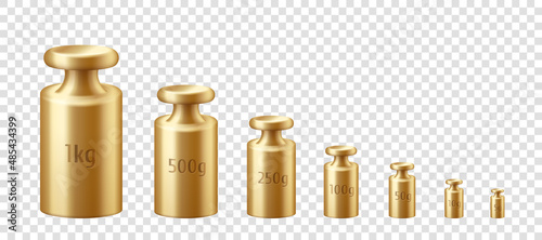 Kg weight calibration mass golden metal realistic set. Golden chrome plummet isolated