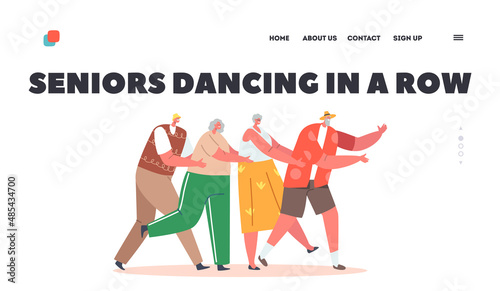 Pensioners Characters Dance in Row Landing Page Template. Old People Stand in Line Dancing Conga, Elderly Men and Women
