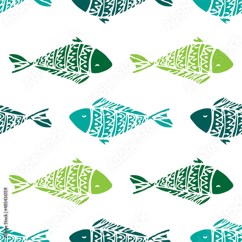 a pattern of multicolored fish-doodles. Vector seamless with a wave fish pattern of green, and turquoise on white for a design template. a simple children's drawing of a sea fish swimming in different
