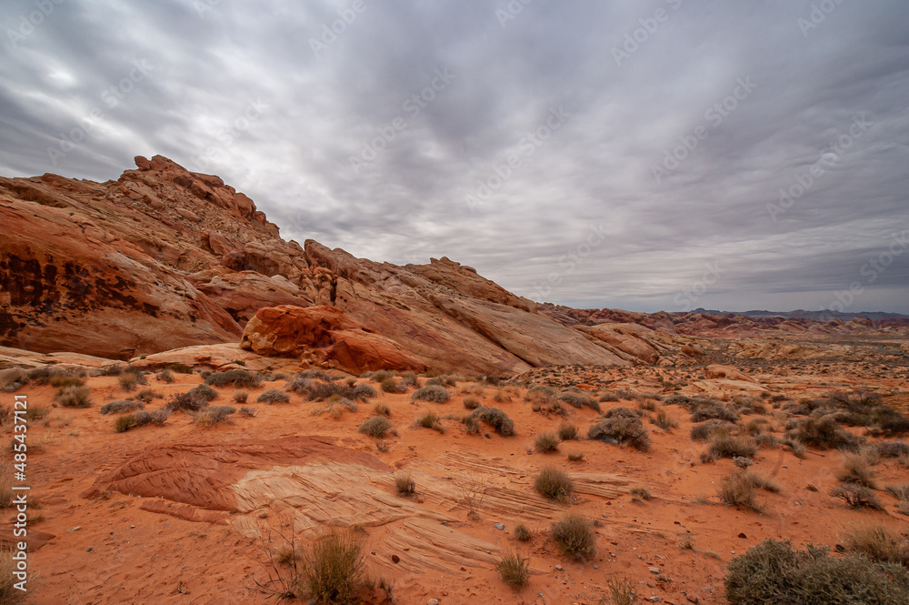 Overton, Nevada, USA - February 25, 2010: Valley of Fire. Wide landscape with slanted mountain outcrop raising out of dry red rock desert floor with shrubs under heavy gray cloudscape.