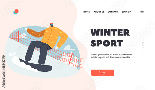 Winter Sport Landing Page Template. Snowboarding on Mountain Ski Resort. Sportsman Dressed in Winter Clothes and Goggles