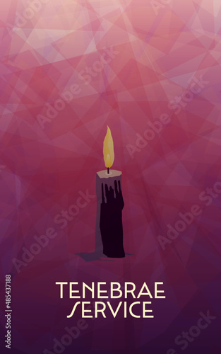 Tenebrae Service in tall format. A single purple candle, symbolic of Tenebrae or candle light service. Also known as the Service of Shadows. Multi-colored background  hues of purple, violet and pink.