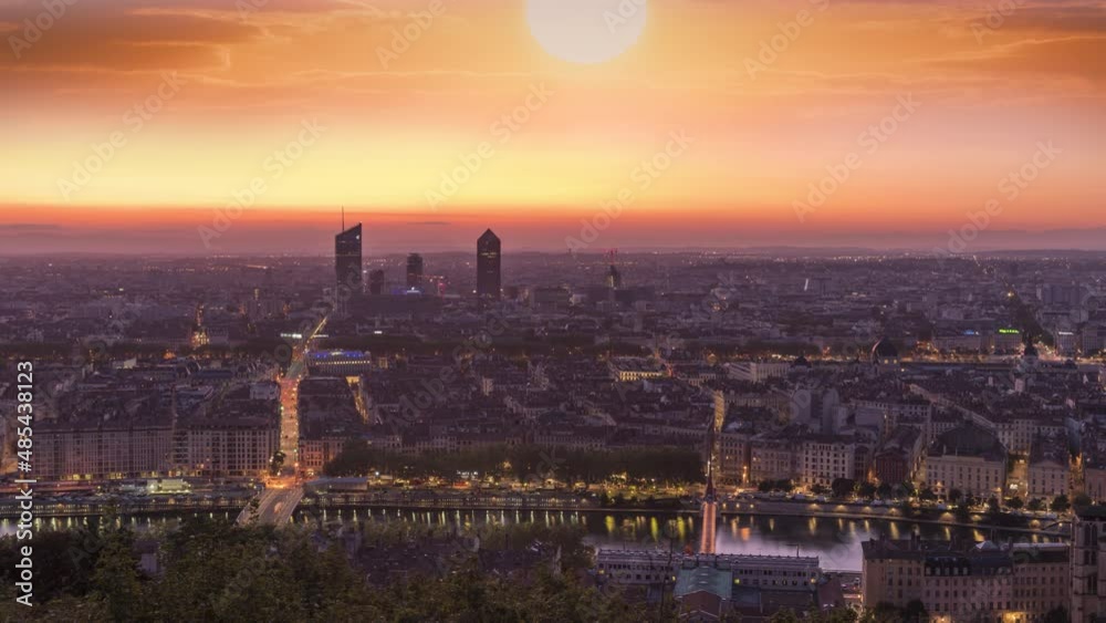 Lyon skyline aerial view time lapse video in 4k. Sunrisse over City Lyon France. Lyon skyline aerial view time lapse video in 4k. Sunrisse over City Lyon France.