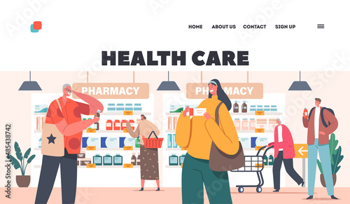 Health Care Landing Page Template. Characters Purchase Drugs in Pharmacy. Customers Walk along Shelves with Medications