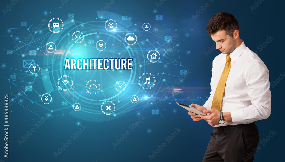 Businessman thinking about modern technology Businessman thinking about modern technology