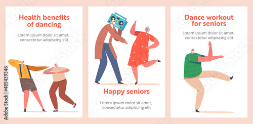 Cheerful Senior Pensioners Cartoon Banners. Happy Fashioned Elderly Characters Dancing, Relax on Party, Leisure or Hobby