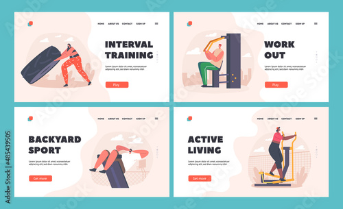 People Fitness Training in House Yard Landing Page Template Set. Characters Exercising with Equipment Doing Workout