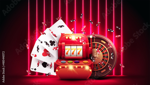 Red banner with Red slot machine, Casino Roulette wheel, poker chips and playing cards in red scene with wall of line vertical neon lamps on background.