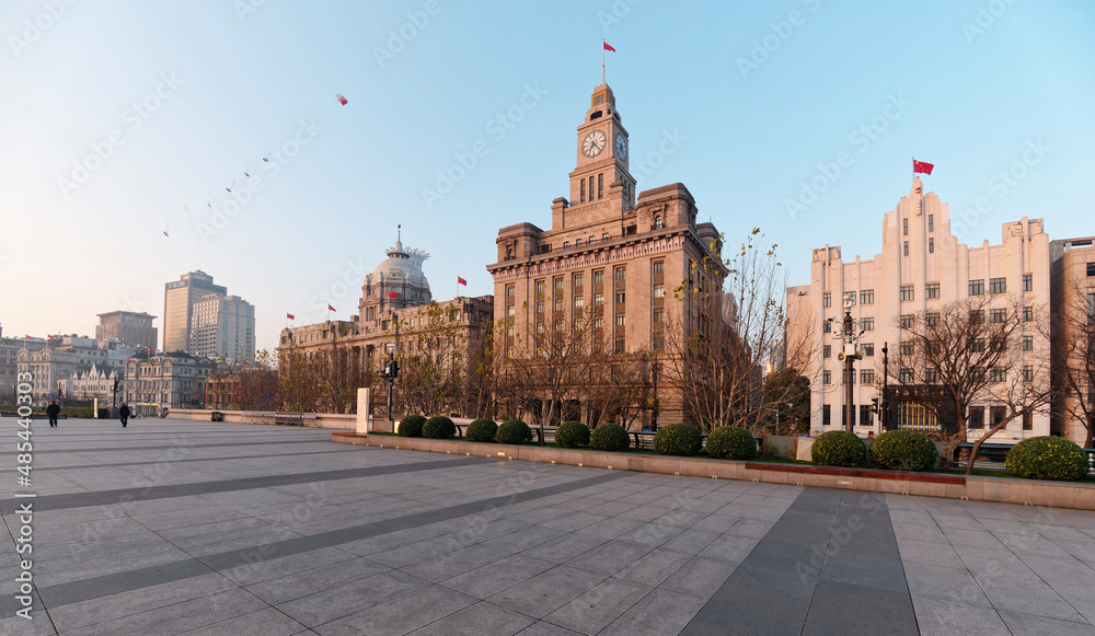 beautiful landscape of shanghai bund historical buildings in the twilight, including many famous landmarks in Huangpu district Shanghai.