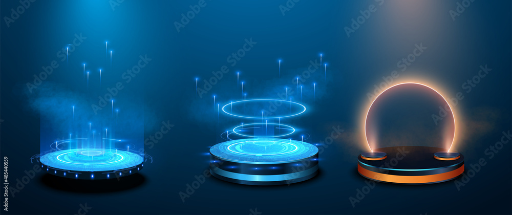 Circle portals, teleport, hologram gadget. Blank display, stage or magic portal, podium for show product in futuristic cyberpunk style. Sky-fi digital hi-tech elements for presentation product. Vector - obrazy, fototapety, plakaty 