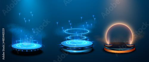 Circle portals, teleport, hologram gadget. Blank display, stage or magic portal, podium for show product in futuristic cyberpunk style. Sky-fi digital hi-tech elements for presentation product. Vector