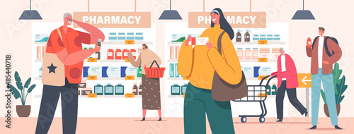 Characters Purchase Drugs in Pharmacy Store. Customers Walking along Shelves with Medications and Pills with Trolleys