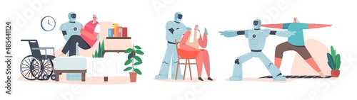 Cyborg Help Old People, Mechanic Caregiver Assist to Disabled Senior Characters, Make Massage, Workout, Robot Assistant