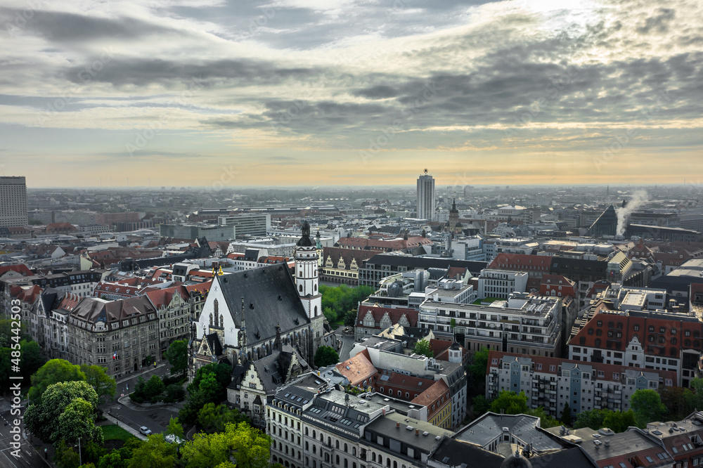 Leipzig Germany - Thomaskirche and Marketplace in Downtown - Drone Aerial Shot - Amazing sky and Skyline