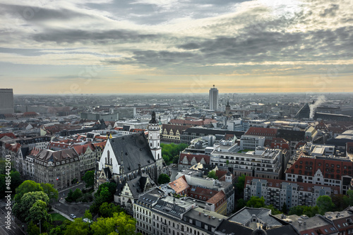 Leipzig Germany - Thomaskirche and Marketplace in Downtown - Drone Aerial Shot - Amazing sky and Skyline photo
