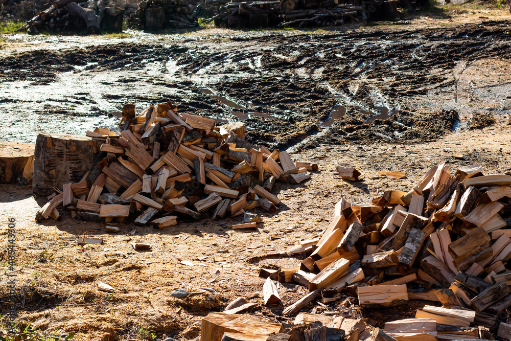 Pile of split logs for firewood during the day in the muddy countryside Pile of split logs for firewood during the day in the muddy countryside