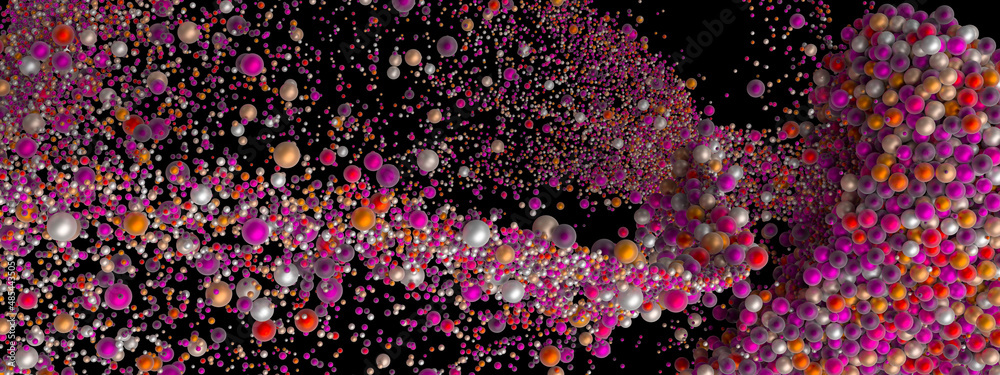 Abstract art with surreal growing splash fluid. Small colored foam balls bubbles particles in movement.