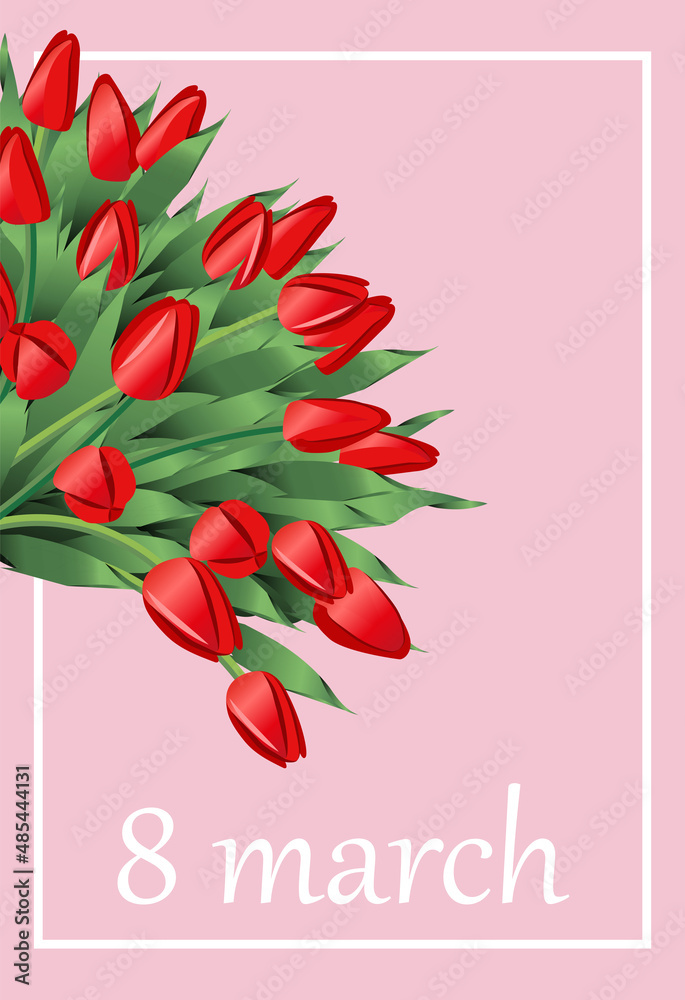 Modern Woman day 8 March holiday card. Spring floral vector illustration. Greeting realistic tulip flowers template, luxury flower background, international women day concept flyer, party design