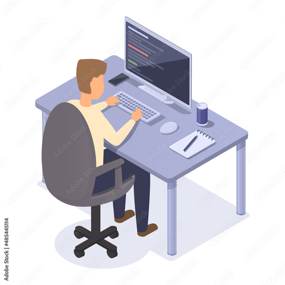isometric guy programmer working at the computer, vector illustration isometric guy programmer working at the computer, vector illustration