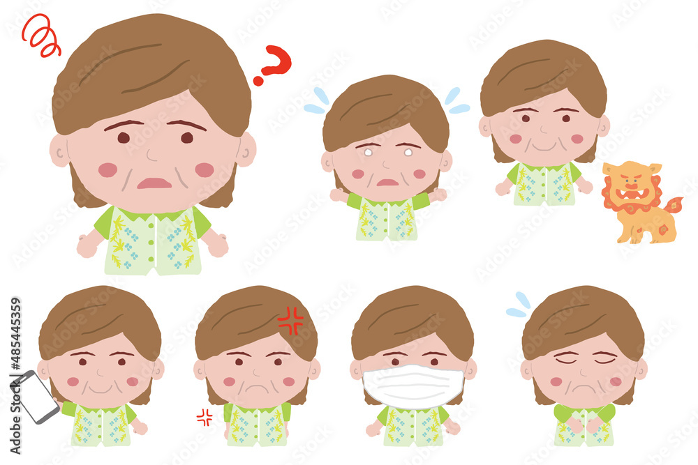 沖縄のかりゆしウェアを着た中年女性がいろいろなポーズをしている