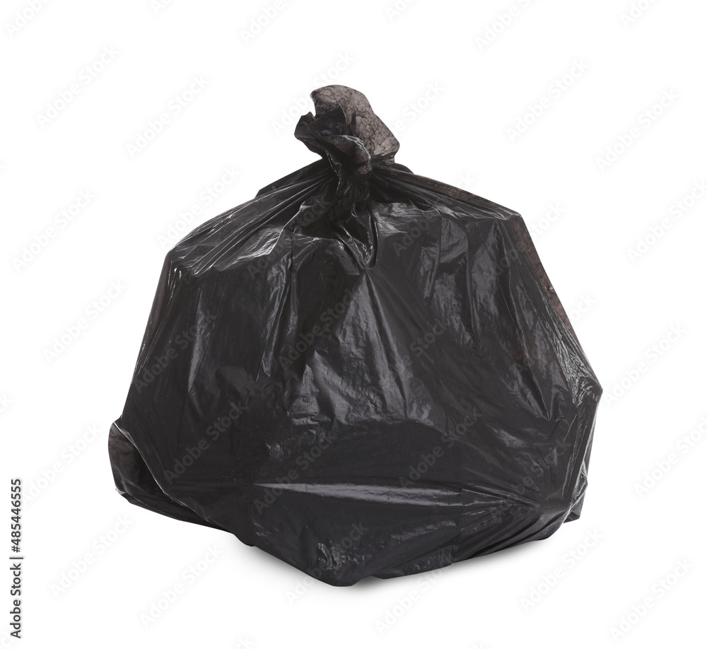 Black garbage bag full of trash on white background. Recycling rubbish