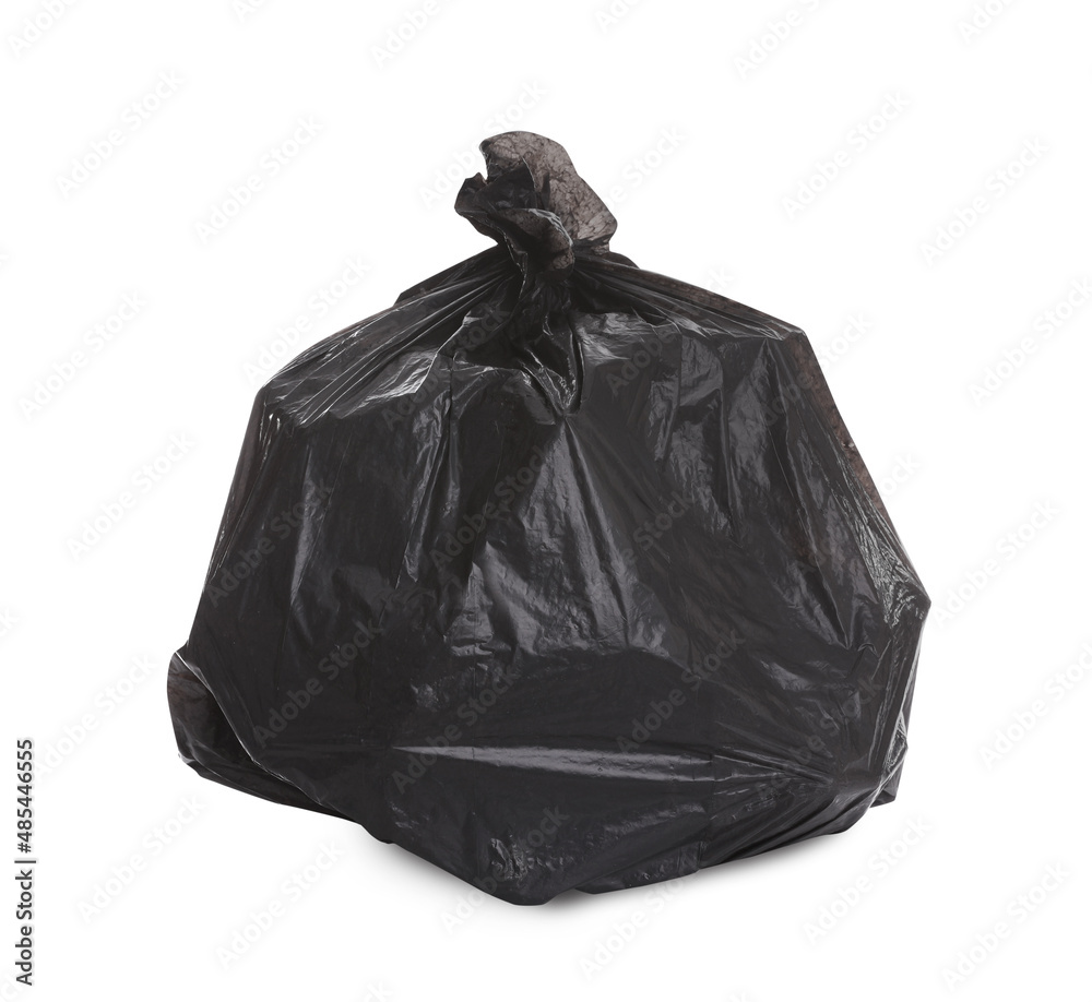 Black garbage bag full of trash on white background. Recycling rubbish Black garbage bag full of trash on white background. Recycling rubbish