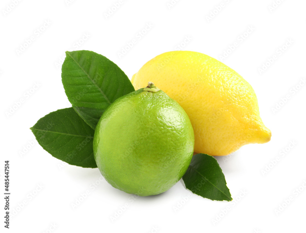 Fresh ripe lemon, lime and green leaves on white background